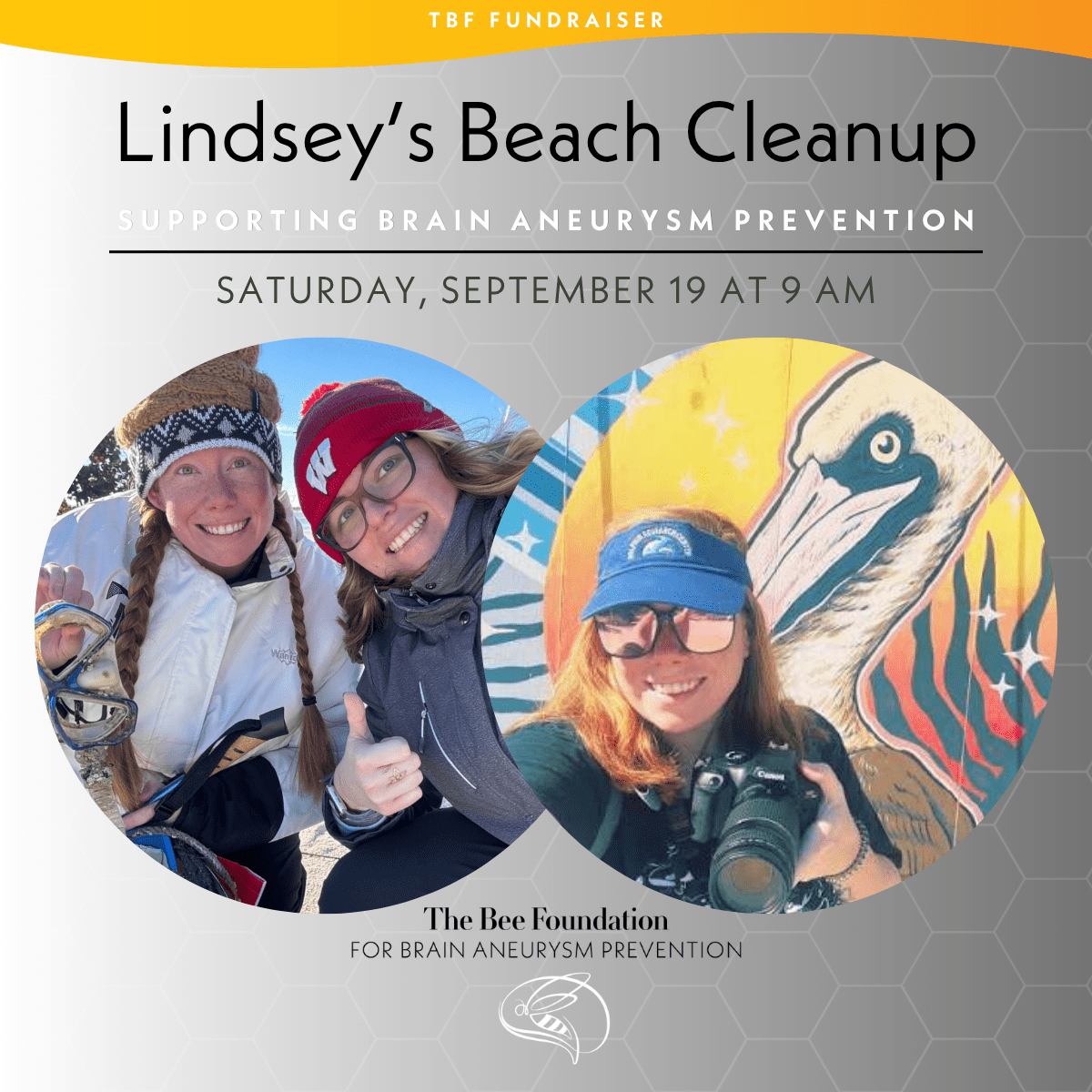 Three smiling women wearing hats and jackets hold beach cleanup tools, with a pelican mural in the background. Text promotes Lindseys Beach Cleanup for brain aneurysm prevention on Saturday, September 19 at 9 AM.