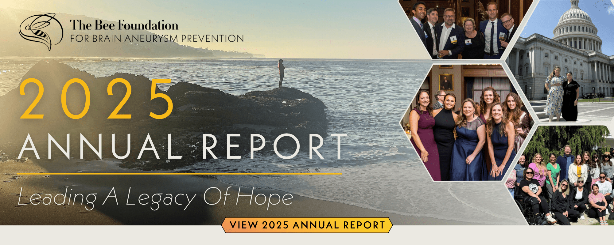 Banner for The Bee Foundation’s 2025 Annual Report shows people posing at events, a coastal scene, the US Capitol, and the text “Leading a Legacy of Hope.” A yellow button reads, “View 2025 Annual Report.”.