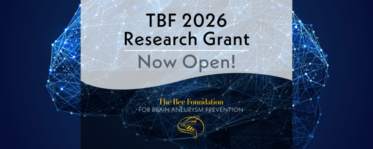 Announcement graphic for TBF 2026 Brain Aneurysm Research Grant Now Open! Features a digital illustration of a brain made from blue interconnected lines and dots, with The Bee Foundation logo beneath.