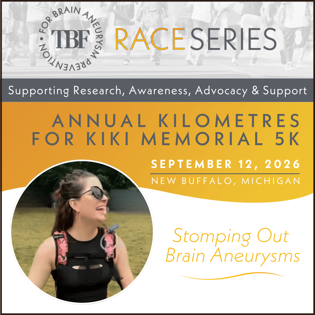 Race series event poster for the Annual Kilometres for Kiki Memorial 5K on September 12, 2026, New Buffalo, Michigan. Features a smiling woman in sunglasses and highlights brain aneurysm awareness.