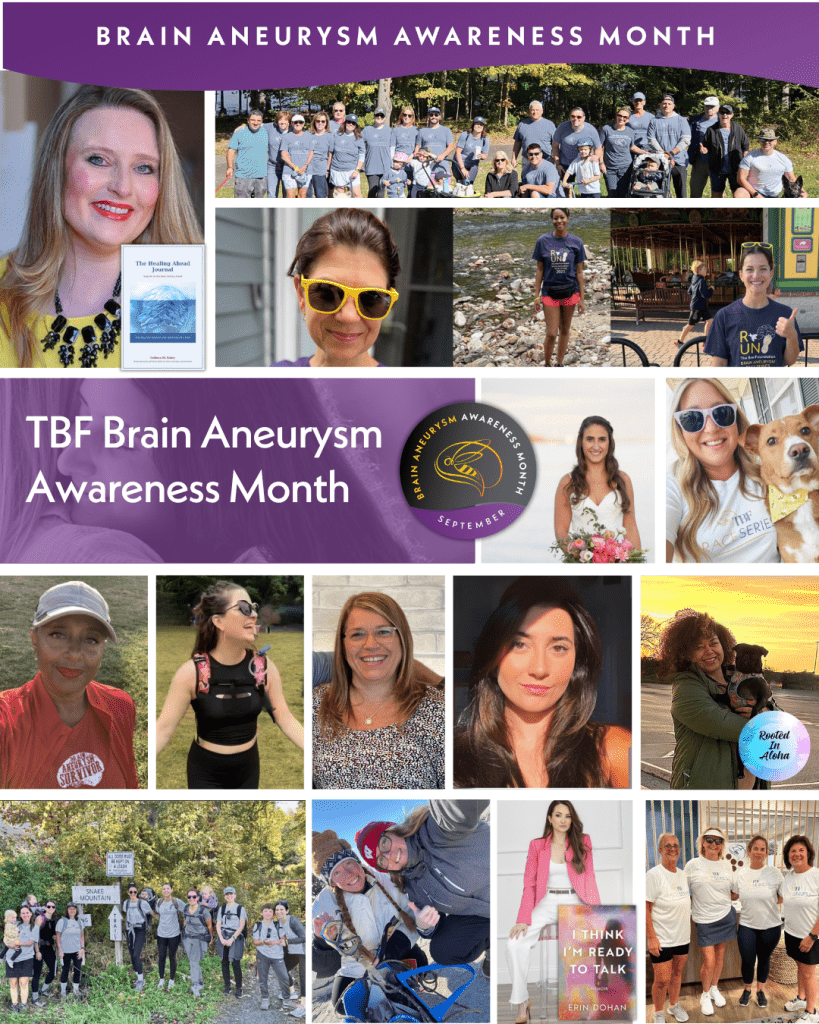 Collage of people in various settings, some wearing brain aneurysm awareness shirts or holding signs. A purple banner reads Brain Aneurysm Awareness Month. Center text: TBF Brain Aneurysm Awareness Month..