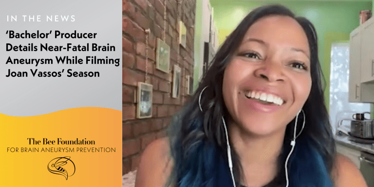 A smiling woman with blue-tinted hair and headphones is on a video call. Text on the left discusses a Bachelor producers near-fatal brain aneurysm and features The Bee Foundation for brain aneurysm prevention.