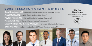 A banner announcing the 2026 research grant winners for The Bee Foundation, featuring six smiling medical professionals with their names, degrees, affiliations, and the foundations logo for brain aneurysm prevention.