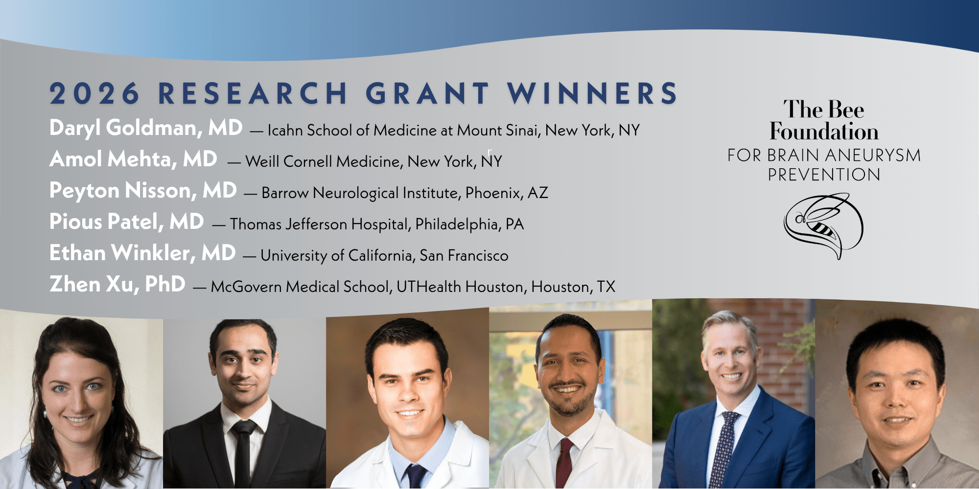 Six smiling men in professional attire are pictured below a list of 2026 research grant winners for The Bee Foundation for Brain Aneurysm Prevention, with their names, titles, and institutions displayed above.