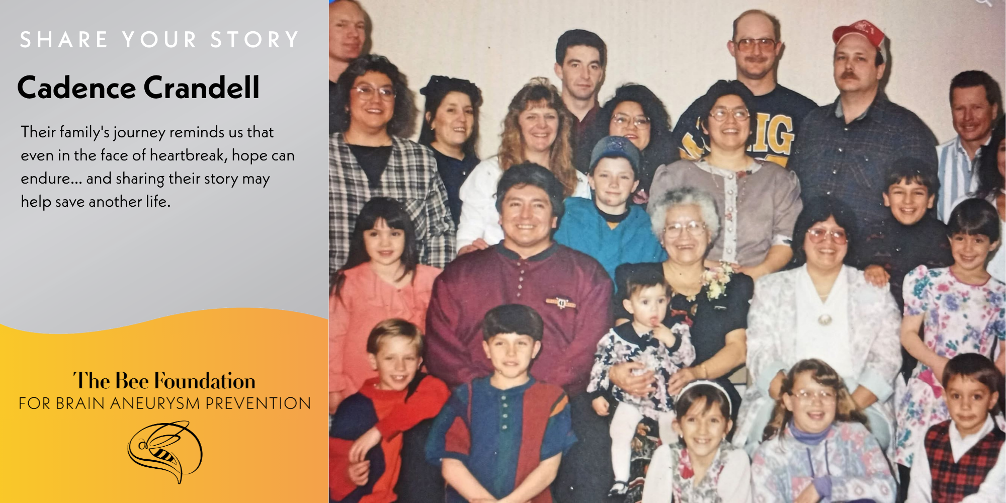 A group of people, including adults and children, poses together indoors, smiling. At left, a graphic reads “Share Your Story: Cadence Crandell,” and features The Bee Foundation for Brain Aneurysm Prevention logo.