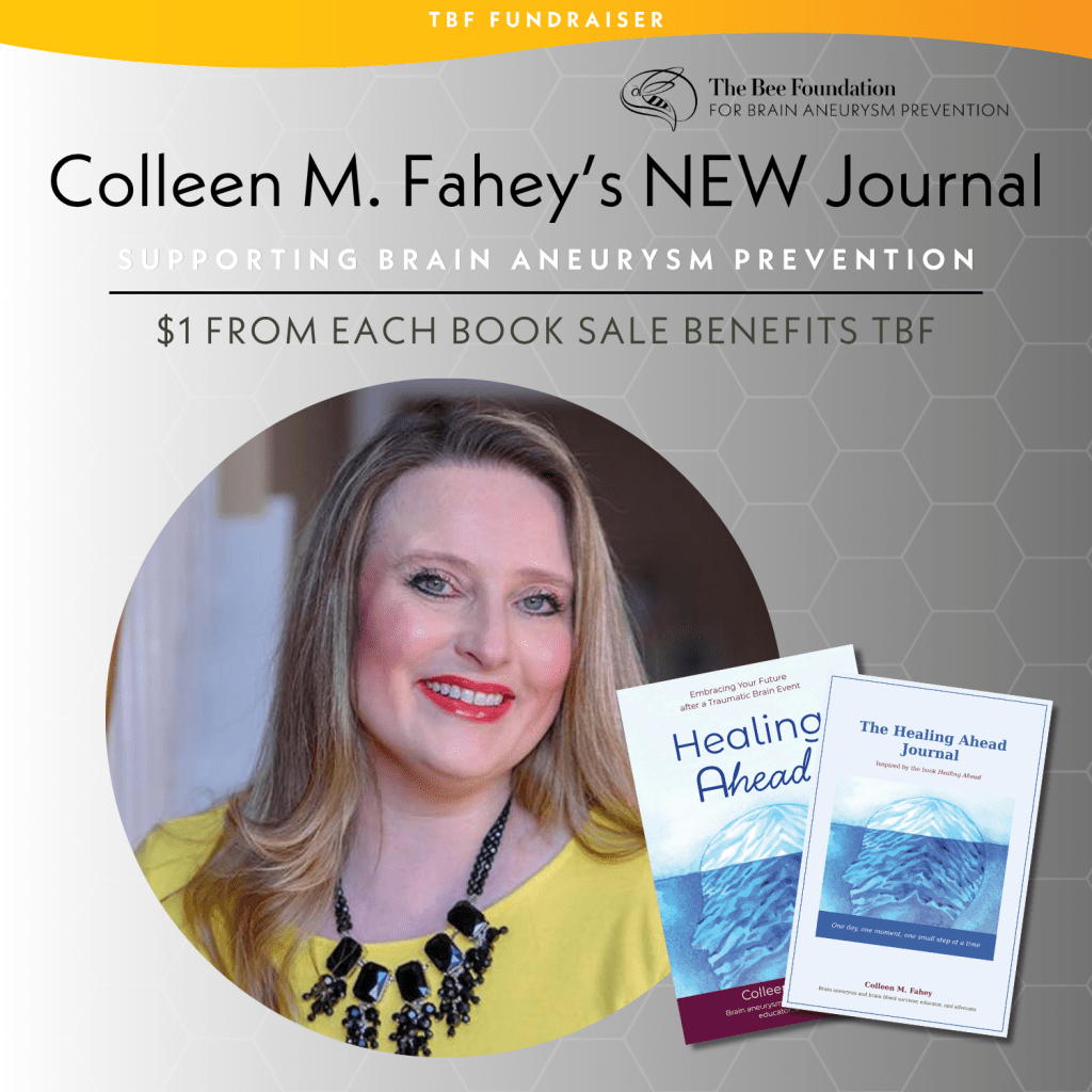 A smiling woman with long blonde hair and a pink top is shown next to two books titled Healing Ahead. Text promotes a fundraiser benefiting The Bee Foundation for brain aneurysm prevention.