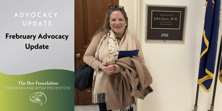A woman in a tan coat and patterned scarf stands smiling, holding documents outside an office door with a sign reading “John Joyce, M.D., Pennsylvania, 2102.” Text on the left reads “February Advocacy Update – The Bee Foundation.”.