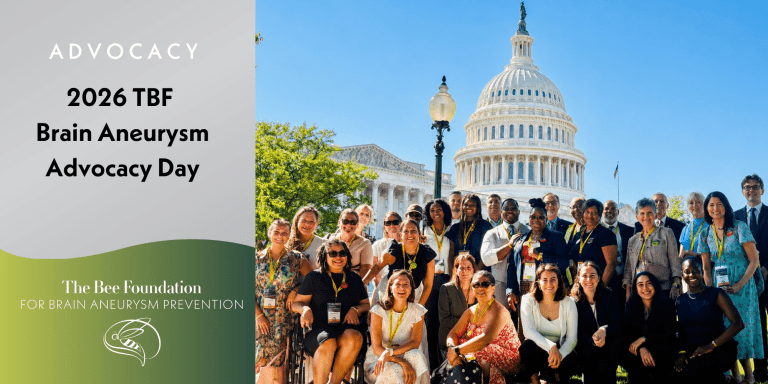 A diverse group of people pose and smile in front of the U.S. Capitol on a sunny day for the 2026 TBF Brain Aneurysm Advocacy Day, as shown in a banner for The Bee Foundation for Brain Aneurysm Prevention.