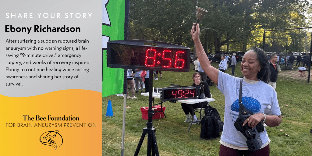 A smiling woman holds a bell near a digital race timer at an outdoor event. Text describes Ebony Richardson’s recovery from a brain aneurysm and her advocacy for brain aneurysm awareness with The Bee Foundation.