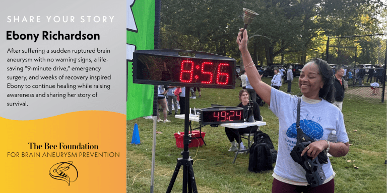 A smiling woman holds a bell near a digital race timer at an outdoor event. Text describes Ebony Richardson’s recovery from a brain aneurysm and her advocacy for brain aneurysm awareness with The Bee Foundation.