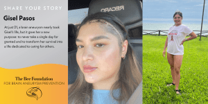 Split image: Left side—text about Gisel Pasos surviving a brain aneurysm, with her close-up photo showing a healing scar. Right side—Gisel stands on grass by the water, wearing a sash and tiara, smiling confidently.