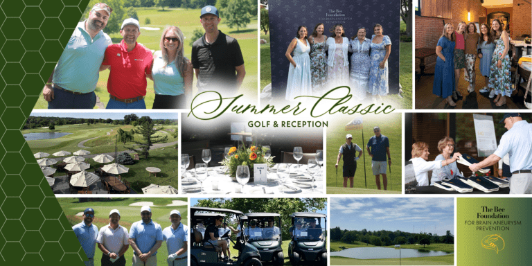 Collage of photos from a golf event, featuring golfers posing on the course, guests socializing, dining tables set up, golf carts, and event signage for The Bee Foundation Summer Classic Golf & Reception.