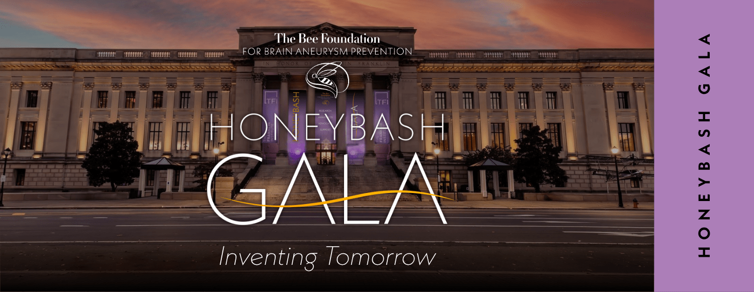 A large building is lit at dusk with Honey Bash Gala and Inventing Tomorrow text, plus The Bee Foundation for Brain Aneurysm Prevention logo and name. A purple banner on the right reads Honey Bash Gala vertically.