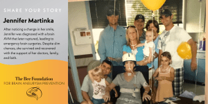 A group of people, including a woman in a hospital gown and helmet sitting in a wheelchair with balloons, pose together. Text describes Jennifers brain AVM journey and highlights The Bee Foundation for Brain Aneurysm Prevention.