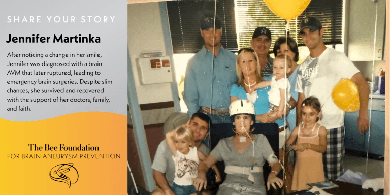 A group of people, including a woman in a hospital gown and helmet sitting in a wheelchair with balloons, pose together. Text describes Jennifers brain AVM journey and highlights The Bee Foundation for Brain Aneurysm Prevention.