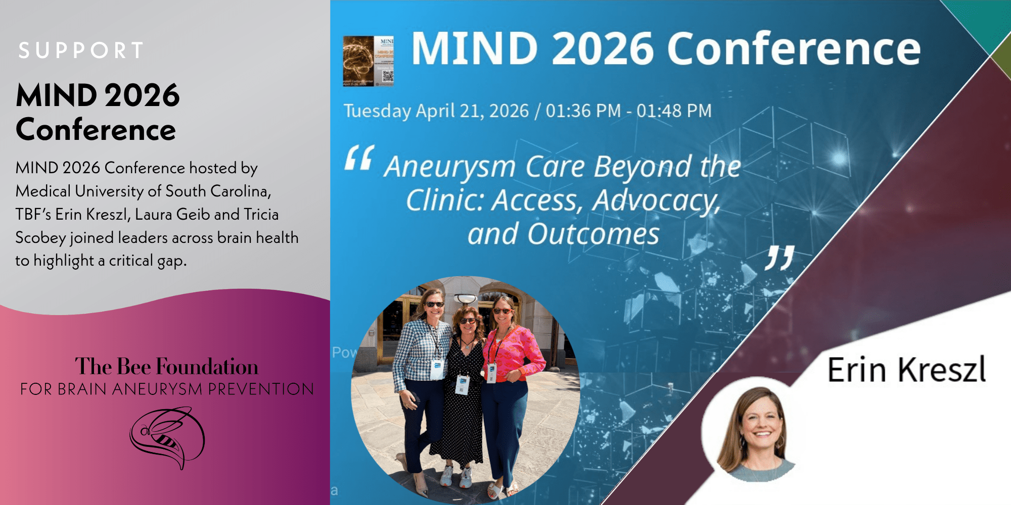 Promotional banner for the MIND 2026 Conference, featuring event details, a talk titled Aneurysm Care Beyond the Clinic, speakers’ names and photos, and The Bee Foundation’s logo for brain aneurysm prevention.