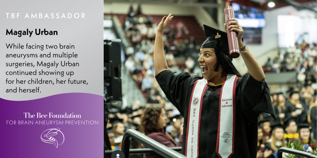 A woman in a graduation cap and gown celebrates on stage, holding her diploma and raising one arm, while a crowd looks on. Text highlights her journey overcoming brain aneurysms and being an ambassador for brain aneurysm prevention.