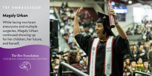 A woman in a graduation cap and gown celebrates on stage, holding her diploma and raising one arm, while a crowd looks on. Text highlights her journey overcoming brain aneurysms and being an ambassador for brain aneurysm prevention.
