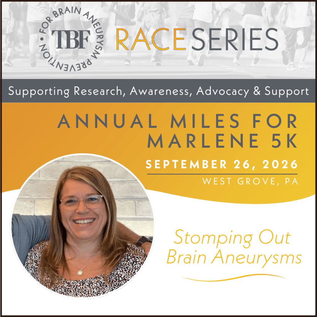 Smiling woman with glasses in front of a race event poster for the Annual Miles for Marlene 5K, scheduled for September 26, 2026, in West Grove, PA, supporting brain aneurysm research and awareness.