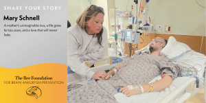 A woman holds the hand of a patient lying in a hospital bed with medical equipment. The text shares a story of loss and love related to brain aneurysm prevention.