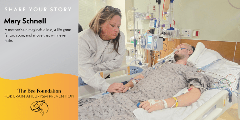 A woman holds the hand of a patient lying in a hospital bed with medical equipment. The text shares a story of loss and love related to brain aneurysm prevention.