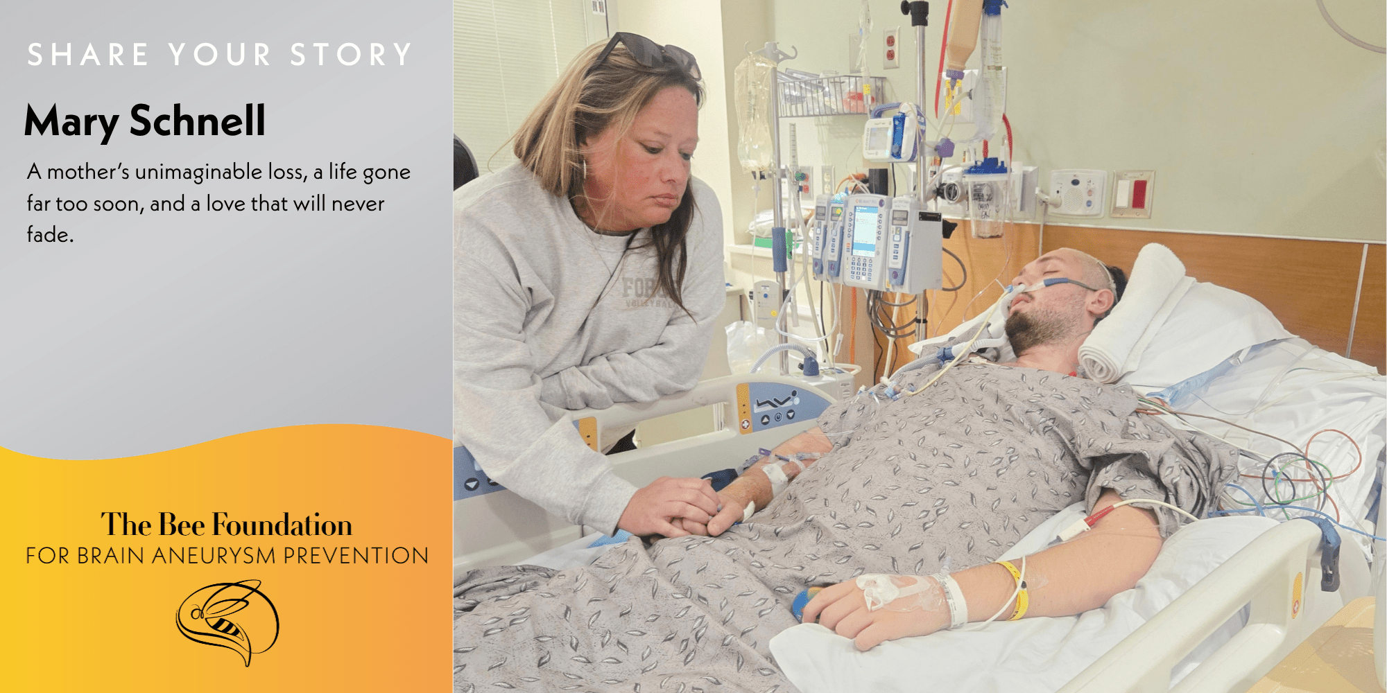 A woman holds the hand of a patient lying in a hospital bed with medical equipment. The text shares a story of loss and love related to brain aneurysm prevention.
