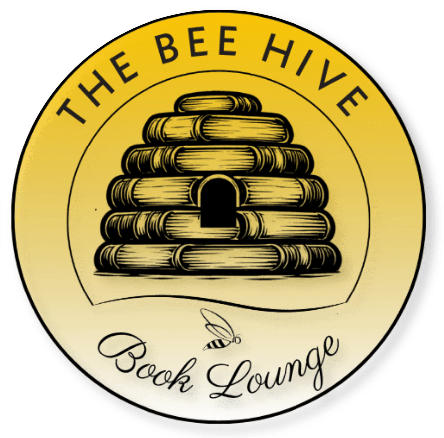 A logo with THE BEE HIVE at the top, an illustration of a beehive in the center, and Book Lounge with a small bee drawing at the bottom. The background has a yellow gradient.