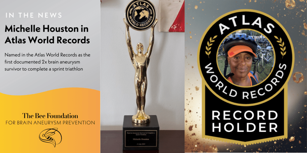 A graphic announcing Michelle Houston’s inclusion in Atlas World Records for being the first documented two-time brain aneurysm survivor to complete a sprint triathlon, featuring a trophy and Michelle’s photo with the Atlas Record Holder badge.