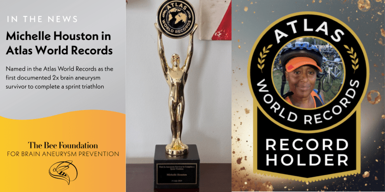 A graphic announcing Michelle Houston’s inclusion in Atlas World Records for being the first documented two-time brain aneurysm survivor to complete a sprint triathlon, featuring a trophy and Michelle’s photo with the Atlas Record Holder badge.