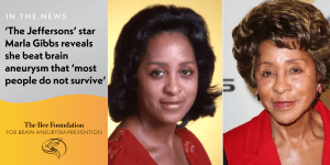 Split image: Left shows a younger Marla Gibbs with text about her surviving a brain aneurysm. Right shows an older Marla Gibbs smiling. Logo and text for The Bee Foundation for Brain Aneurysm Prevention are at the bottom left.