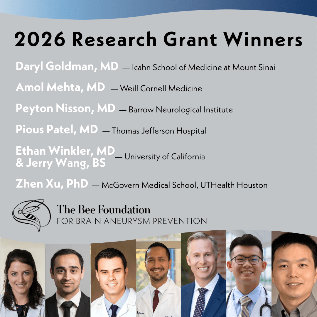 Research grant winners from The Bee Foundation are listed by name and institution above headshots of six individuals. The foundations logo and For brain aneurysm prevention appear at the bottom left.