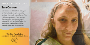 A woman with surgical scars on her scalp smiles beside text about her resilience after surviving three brain aneurysms; The Bee Foundation logo is at the bottom left.