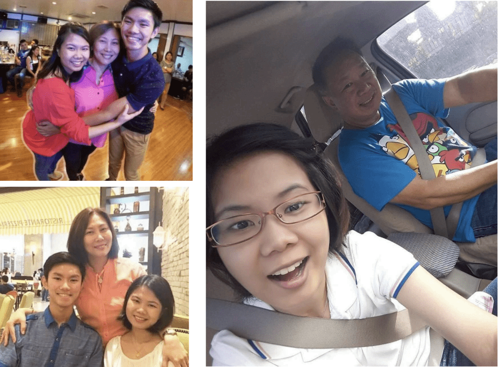 Three photos: A family of three poses and hugs in a room, the same family sits at a café, and a man drives a car while a smiling young woman takes a selfie in the passenger seat.