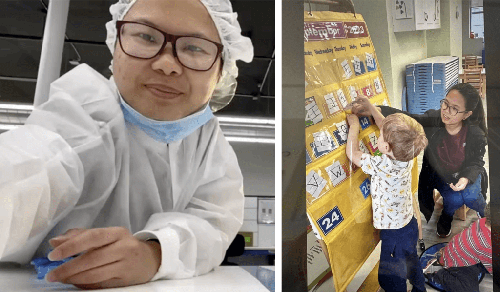A person in protective clothing and glasses smiles at the camera; next to them, a woman kneels by a young boy as he interacts with a classroom chart displaying days and activities.