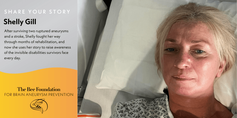 A woman with light hair lies in a hospital bed, wearing a hospital gown, looking at the camera. Beside her, text shares her story as a brain aneurysm survivor and mentions The Bee Foundation for Brain Aneurysm Prevention.