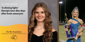 Two photos of a smiling teenage girl: on the left, a headshot; on the right, she wears a blue gown, crown, and sash while holding a trophy. Text reports her death from a brain aneurysm.