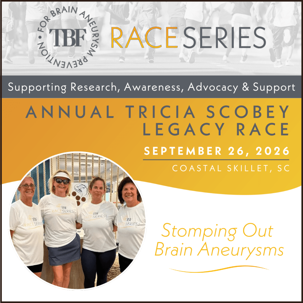 Four women in matching white shirts and sunglasses stand together, smiling, at the Annual Tricia Scobey Legacy Race for Brain Aneurysm Awareness, held September 26, 2026, in Coastal Skillet, SC.