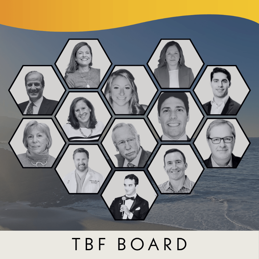 A collage of thirteen TBF board members in hexagonal frames, with a yellow wave at the top and a beach background at the bottom. The text TBF BOARD appears below the images.