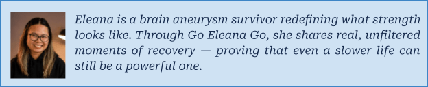 A woman with glasses smiles beside text about her surviving a brain aneurysm and sharing her recovery journey, emphasizing the strength in living a slower, powerful life.