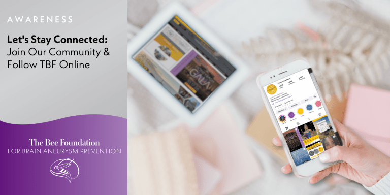 A person holding a smartphone displaying The Bee Foundation’s social media page, next to a tablet. Overlay text encourages joining and following The Bee Foundation online for brain aneurysm awareness.