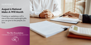 Two people sit at a desk with documents, a pen, and a calculator. The text promotes August as National Make-A-Will Month, encouraging will creation or updates, from The Bee Foundation for Brain Aneurysm Prevention.